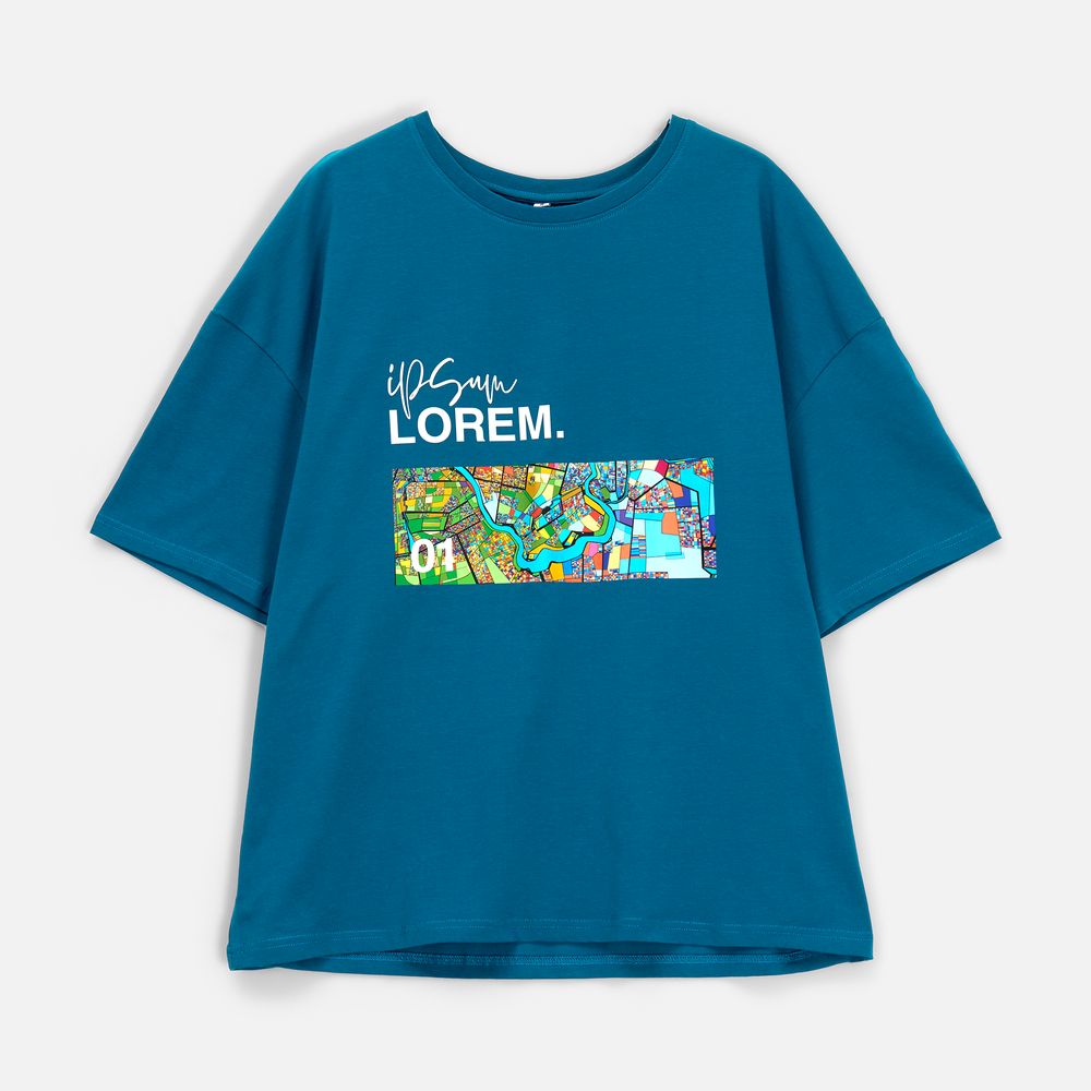 Футболка унисекс оверсайз Crosstown, бирюзовая (морская волна) / Миниатюра нанесения (1000)