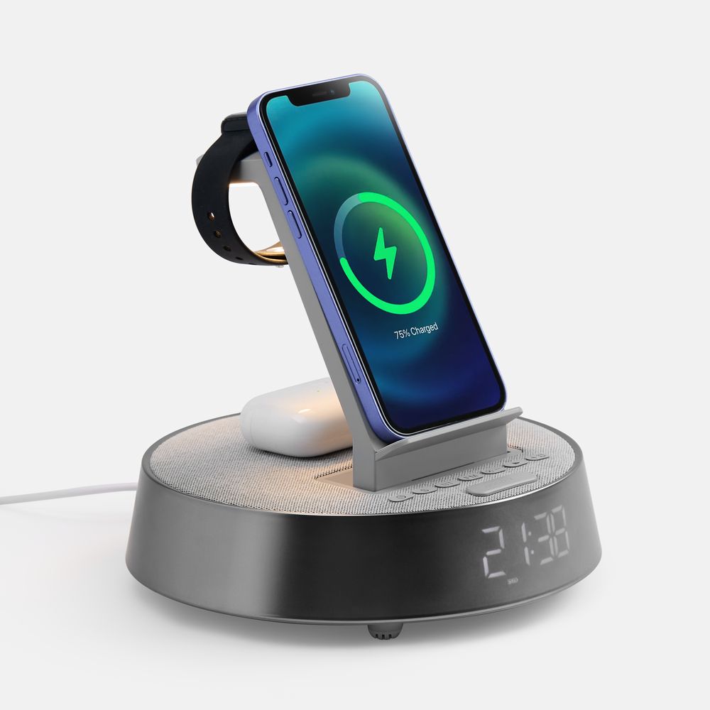 Bluetooth-колонка с беспроводной зарядкой и часами netEnergy, серая / Миниатюра WWW (1000)