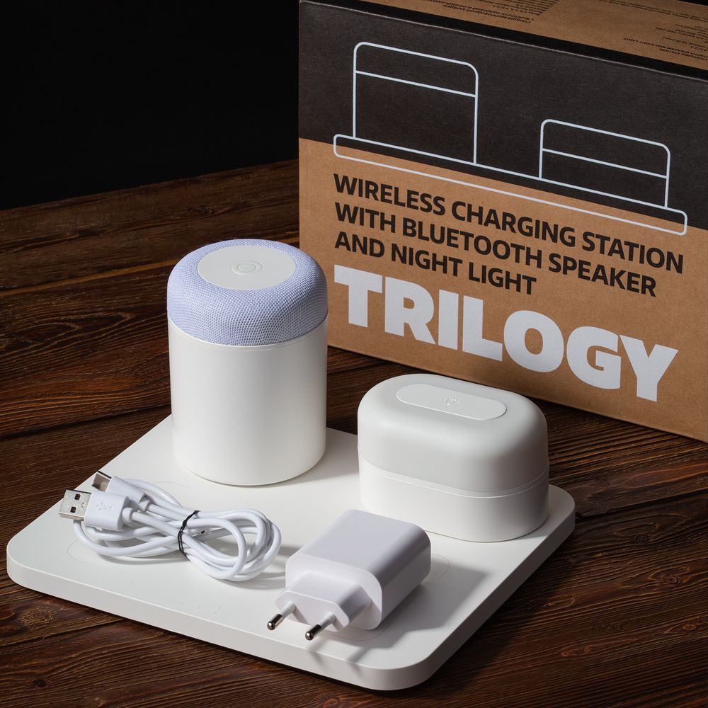 Станция беспроводной зарядки с колонкой и ночником Trilogy, белая / Миниатюра WWW (1000)