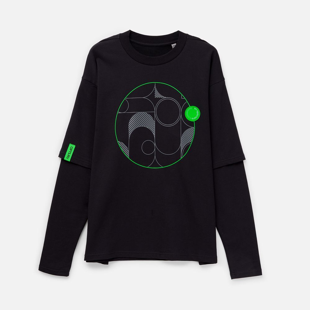 Футболка оверсайз с двойным рукавом Kosmos, черная / Миниатюра нанесения (1000)